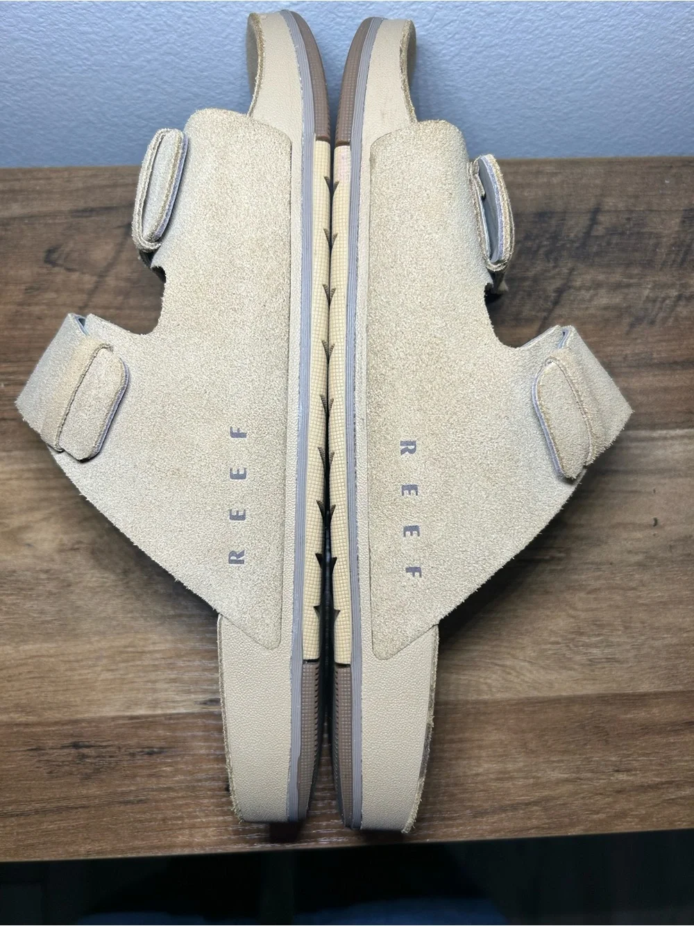 Suede Double-Strap Slide Sandals in Beige